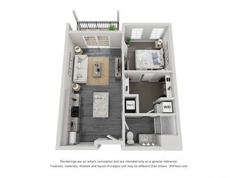 Floor plan for 1 bed, 1 bath, 644 sqft